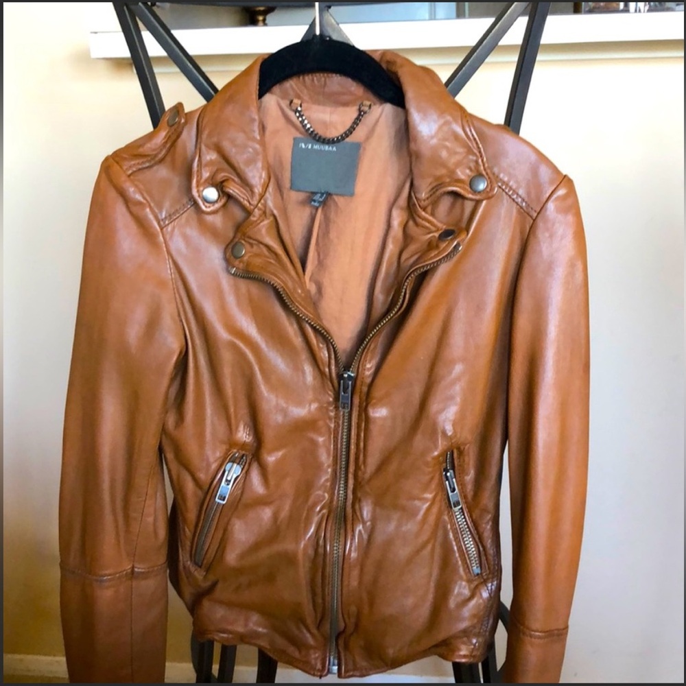 Muubaa Genuine Cognac Brown Leather Moto Jacket Amazing US 0